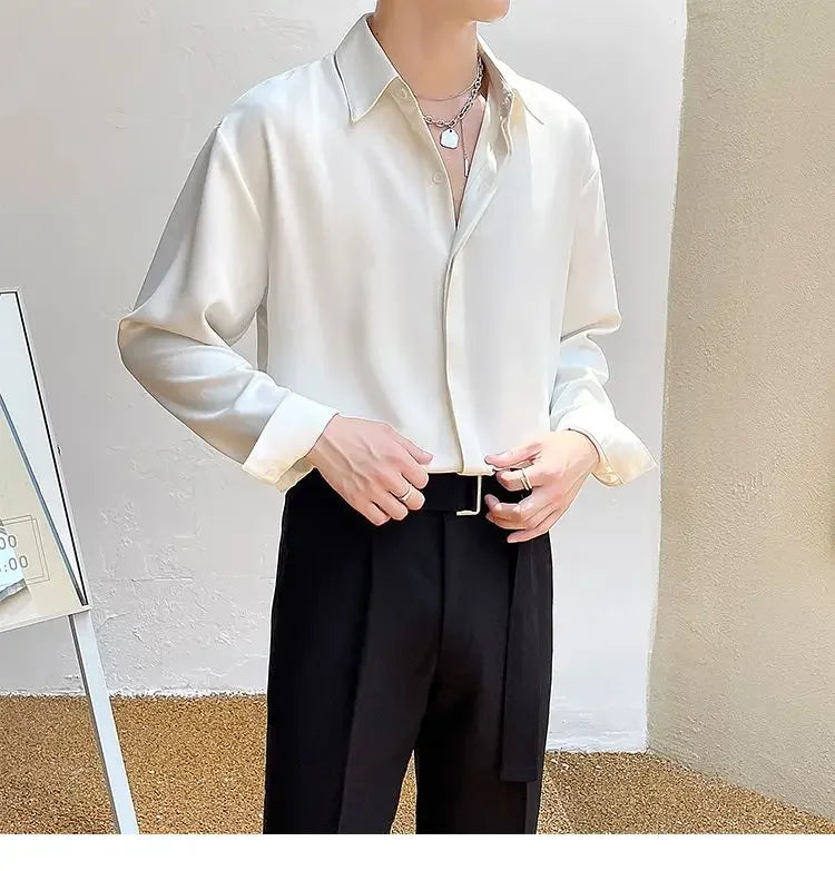 Men's Clothing Gray Chiffon Shirt Spring Fall Korean Style Loose Fit