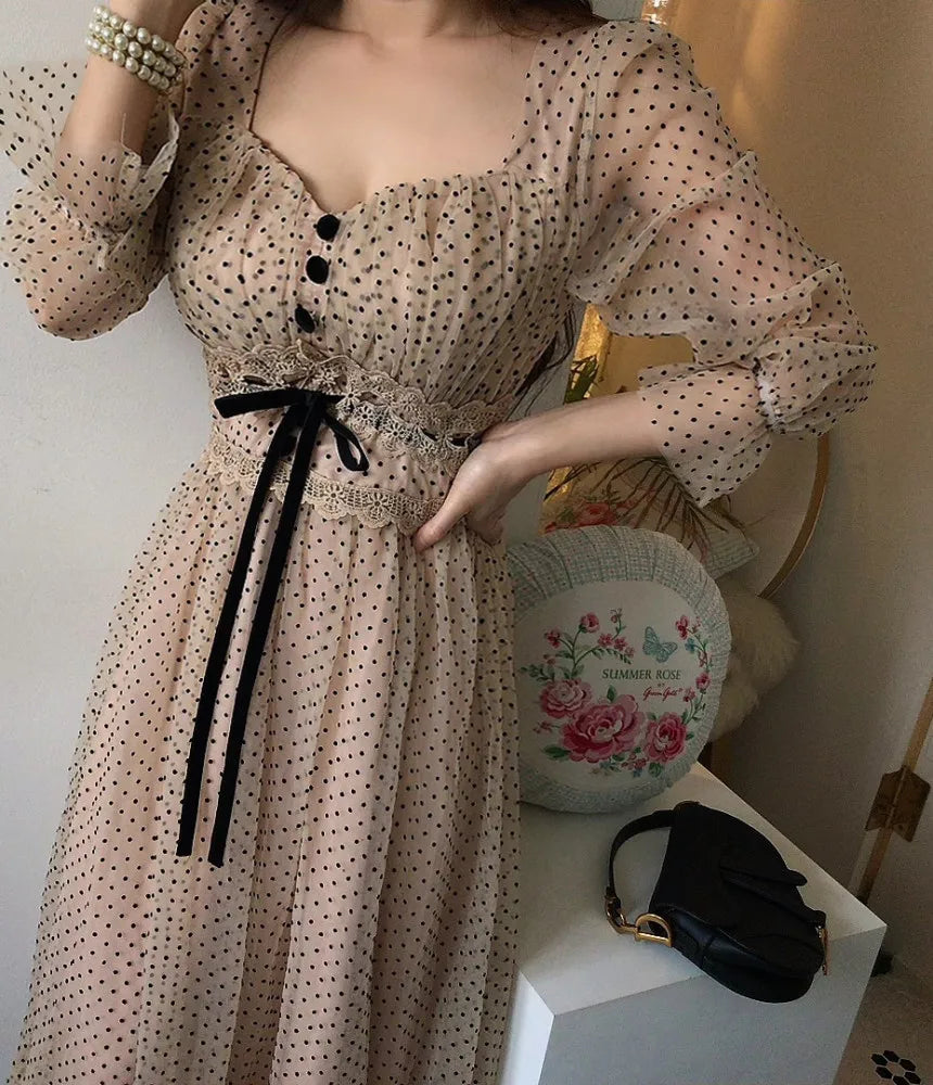 Vintage Dress Elegant Square Neck High