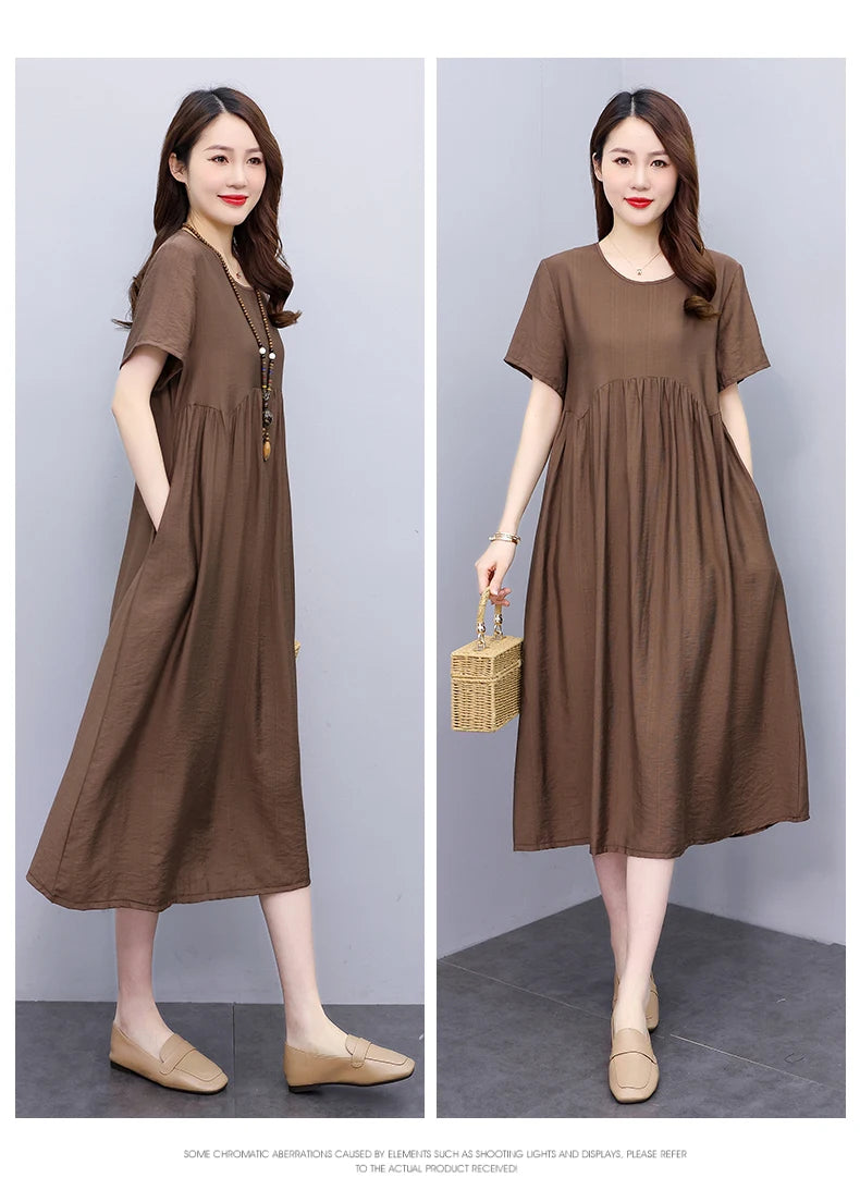 Vintage Elegant Short Sleeve Solid Women Dress O-Neck Dresses