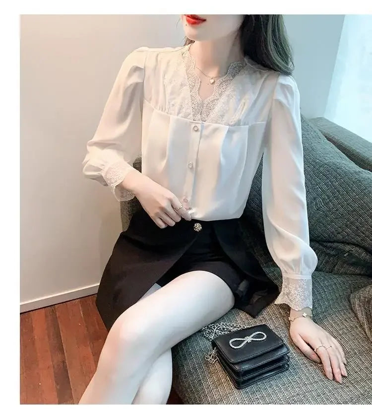 White Chiffon Blouse Spring New V-Neck Lace