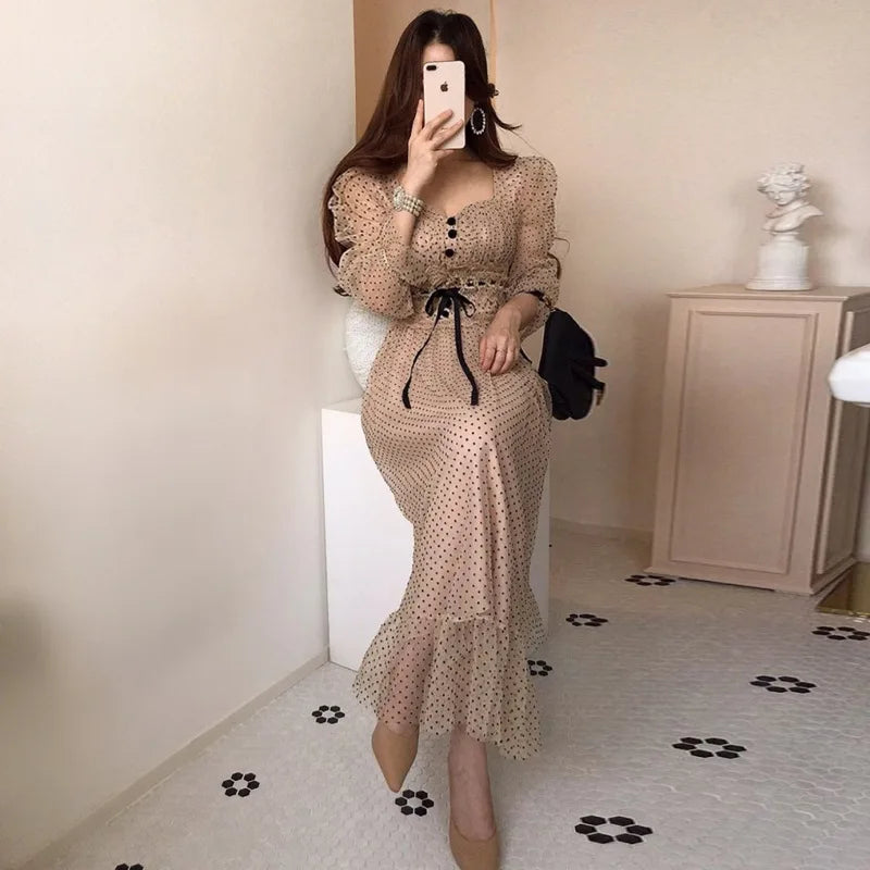 Vintage Dress Elegant Square Neck High