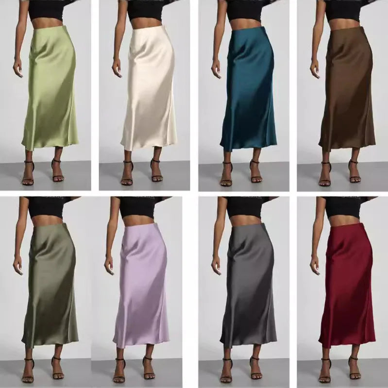21 Colors Elegant High Waist Satin Long Skirts