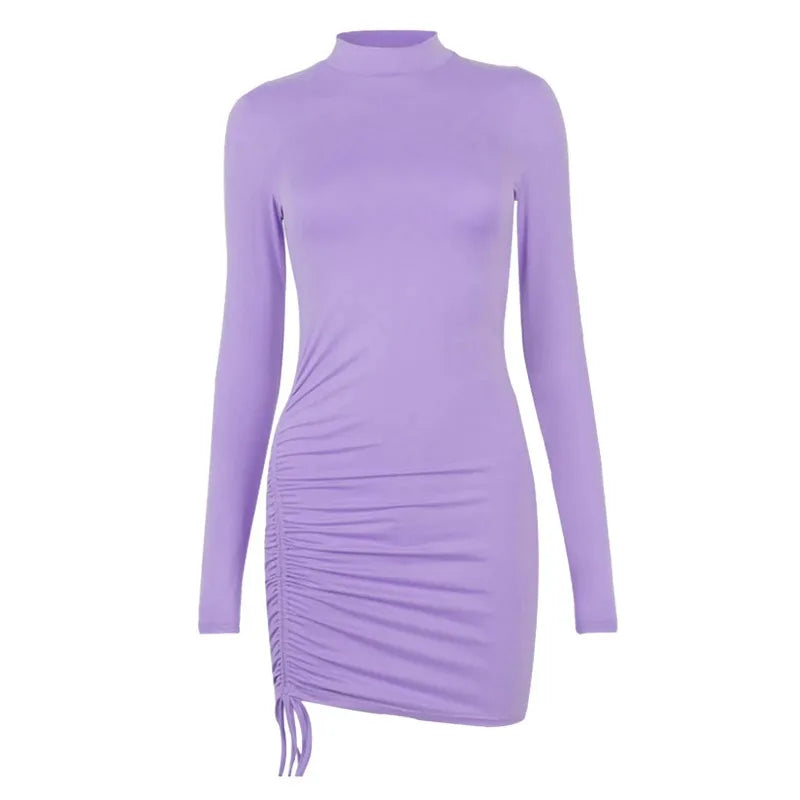 Dress Long Sleeve Solid Color Drawstring O-Neck