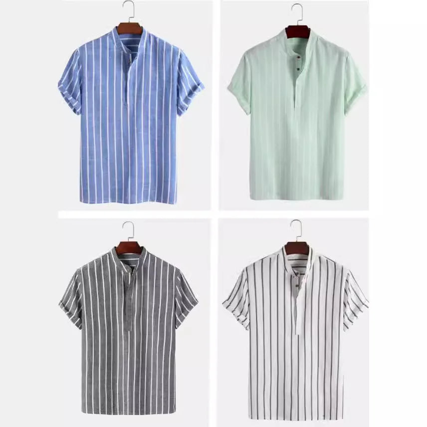 Men Fashion Striped Shirt Short Sleeve Casual Linen Shirts