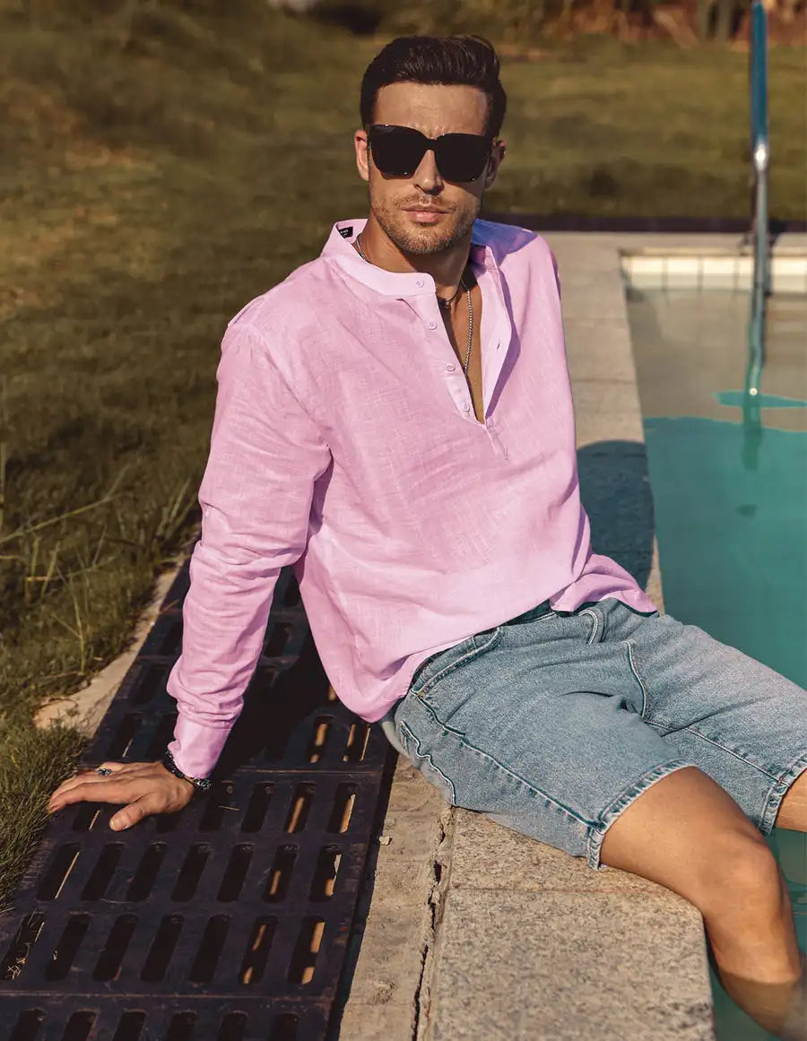 Men's Casual Blouse Cotton Linen Shirt Loose Tops Long Sleeve