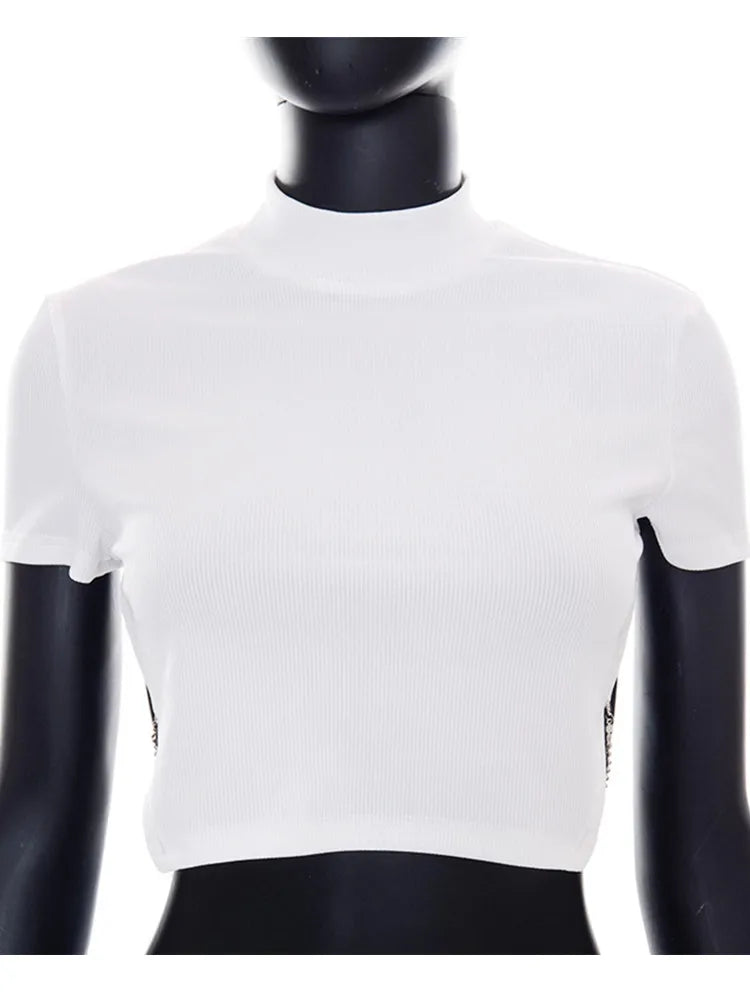 White T Shirts For Women Sexy Tops Asymmetrical Backless