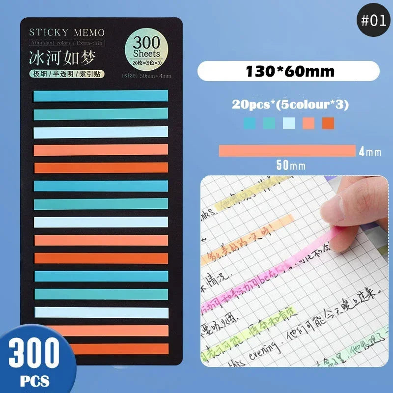 Rainbow Long Index Stickers 300 Sheets Fluorescent PET Waterproof Color