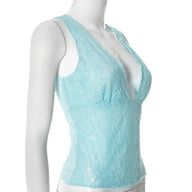 Sexy Deep V-neck See-through Sleeveless Blue T Shirt