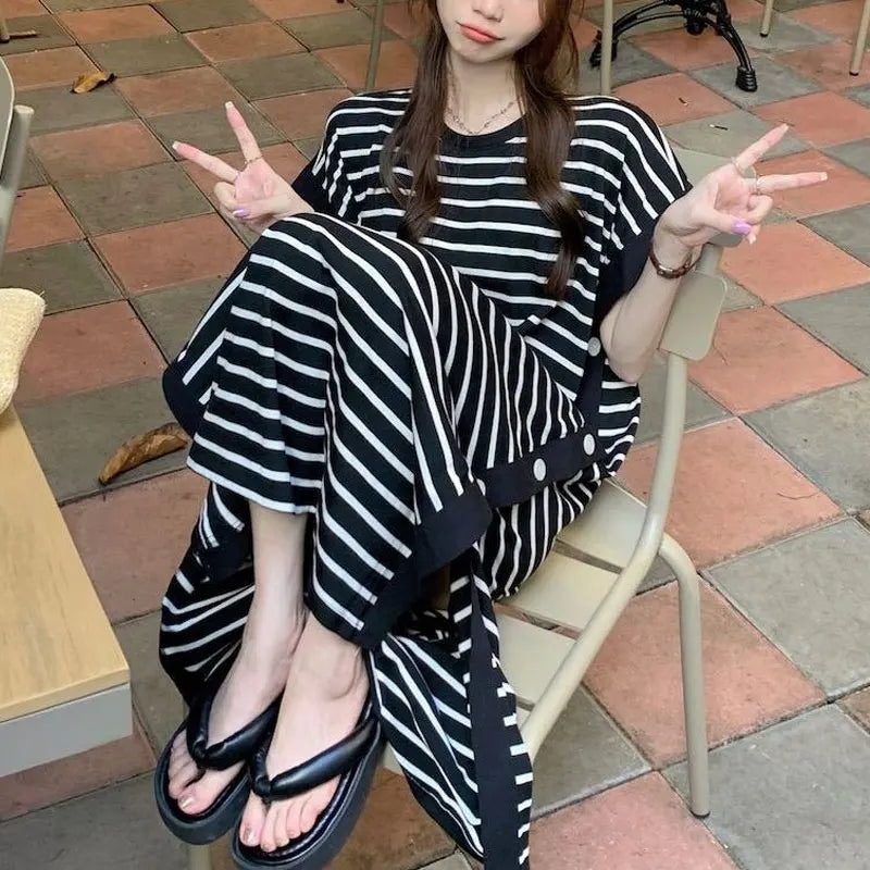 Casual Button Split Striped Dresses Short Sleeve Summer