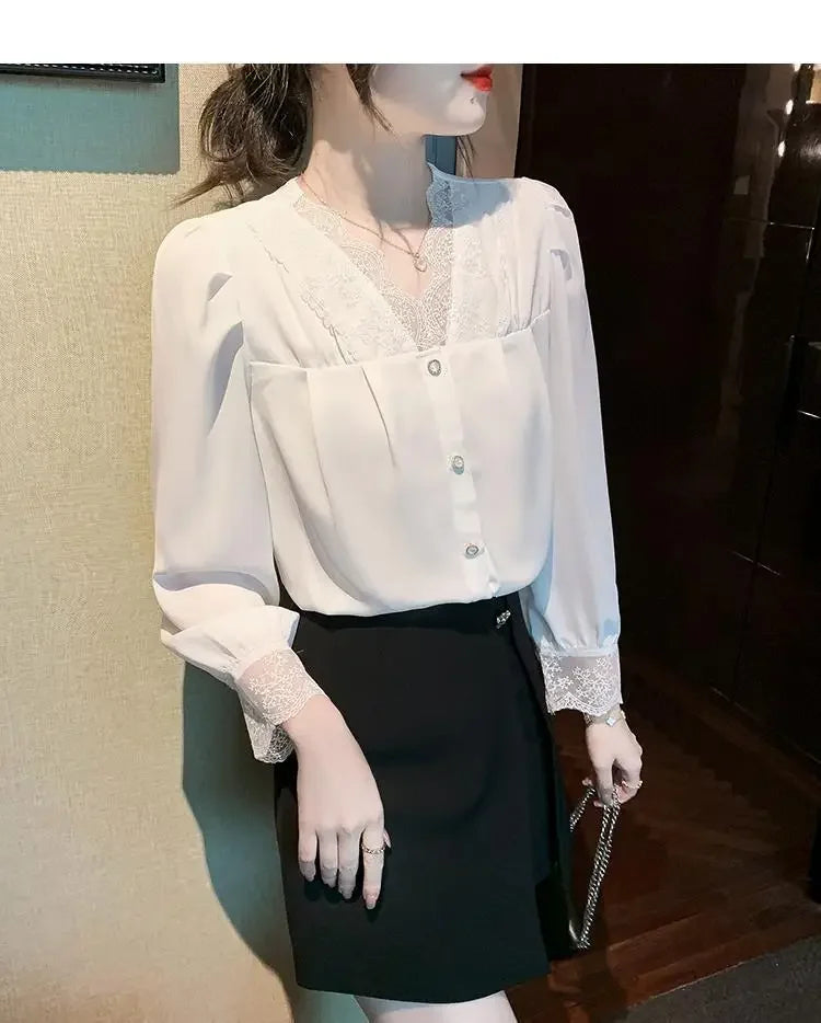 White Chiffon Blouse Spring New V-Neck