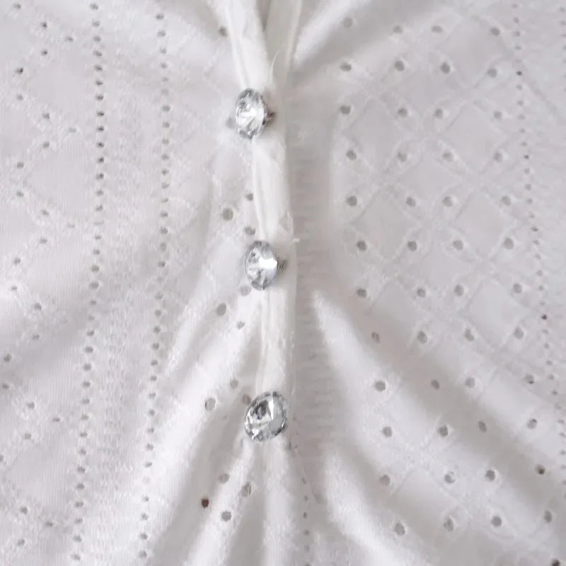 Women Summer Fashion Blouses Tops Lace Patch Buttoned