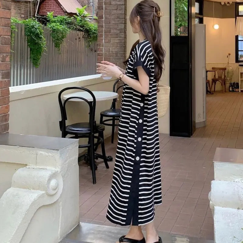 Casual Button Split Striped Dresses Short Sleeve Summer