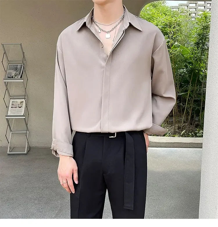Men's Clothing Gray Chiffon Shirt Spring Fall Korean Style Loose Fit