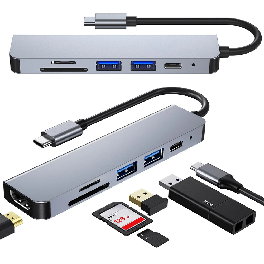 6 in 1 USB C Hub 100W PD 4K HDMI-Compatible USB C Multi-Port Adapter