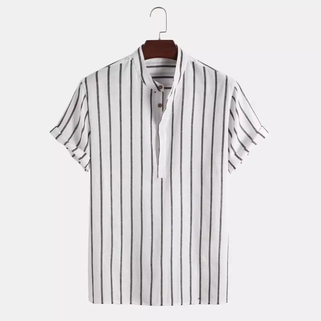 Men Fashion Striped Shirt Short Sleeve Casual Linen Shirts