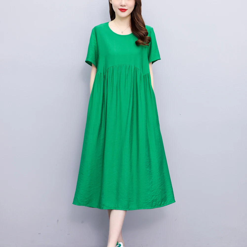 Vintage Elegant Short Sleeve Solid Women Dress O-Neck Dresses