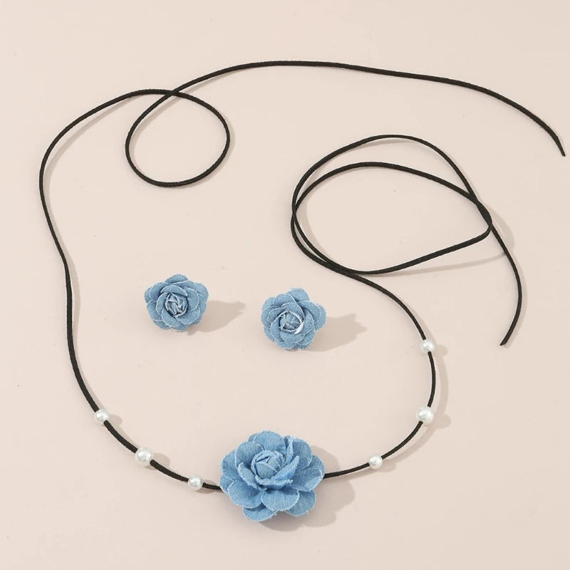 Lace-up Rope Chain Necklace Blue Fabric Flower Choker Necklace Earrings Set