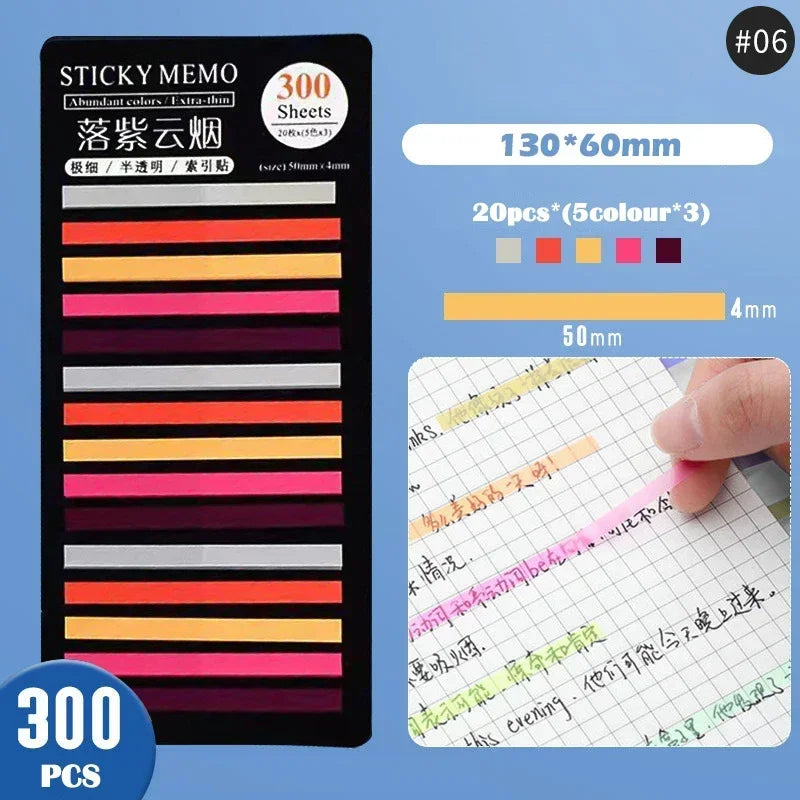 Rainbow Long Index Stickers 300 Sheets Fluorescent PET Waterproof Color