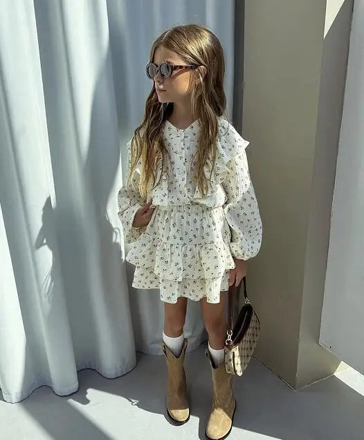 Girl's Dress Autumn Floral Lace Shirt+Cake Skirt Two-piece Set