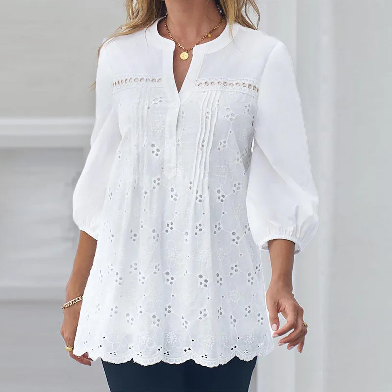 White V-Neck Hollow Out Pullover Nine Points