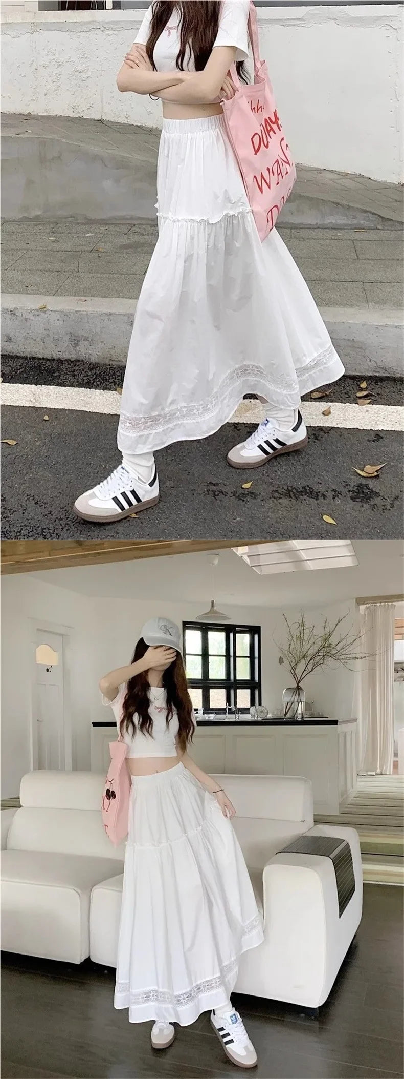 High Waist Elastic A- Line Midi Skirt