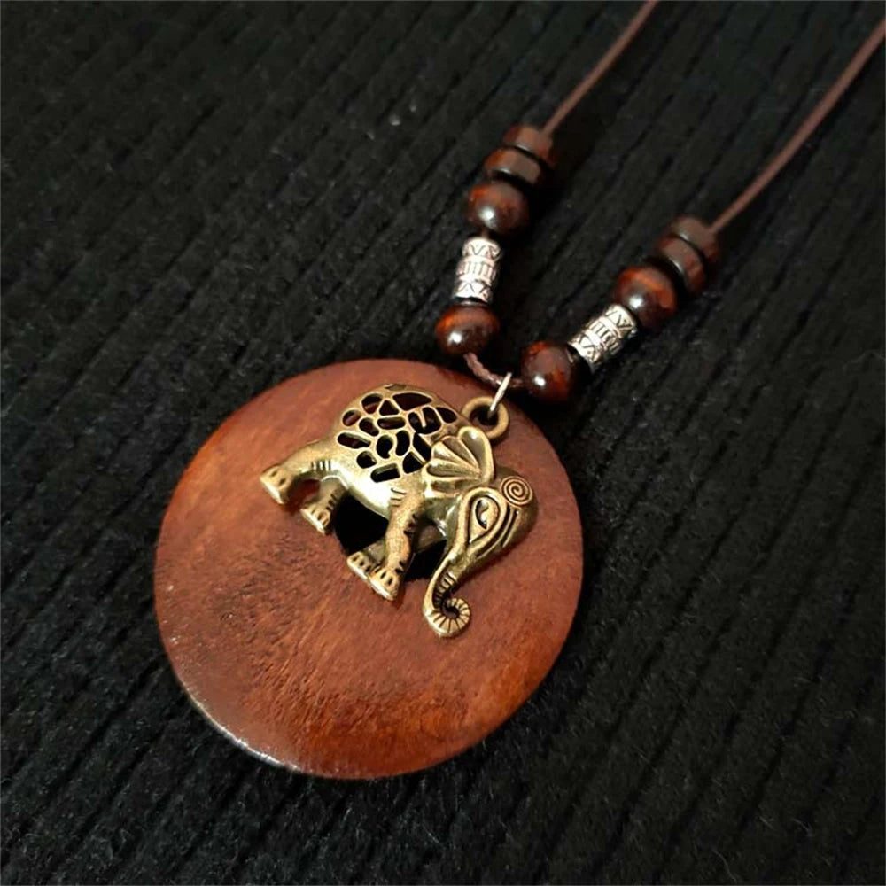 Vintage Round Wooden Necklace Leaf Owl Elephant Beaded Pendant