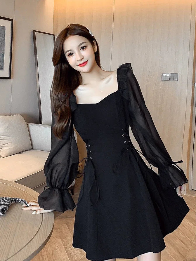 Silk Satin Chiffon Dress Sexy Black