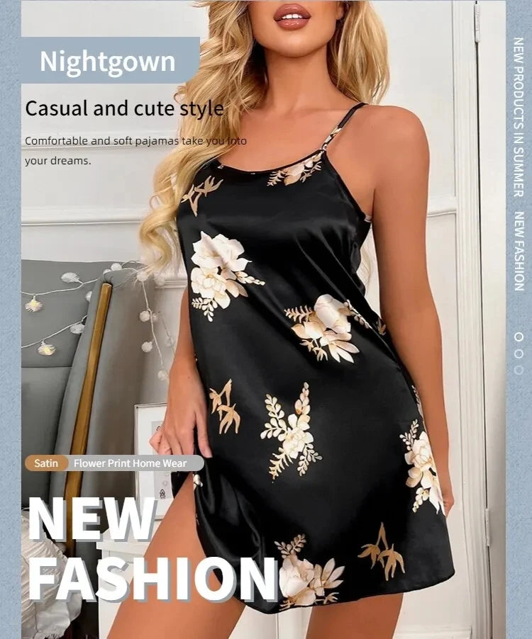 Women Nightwear Home Clothes Sexy Black Floral
