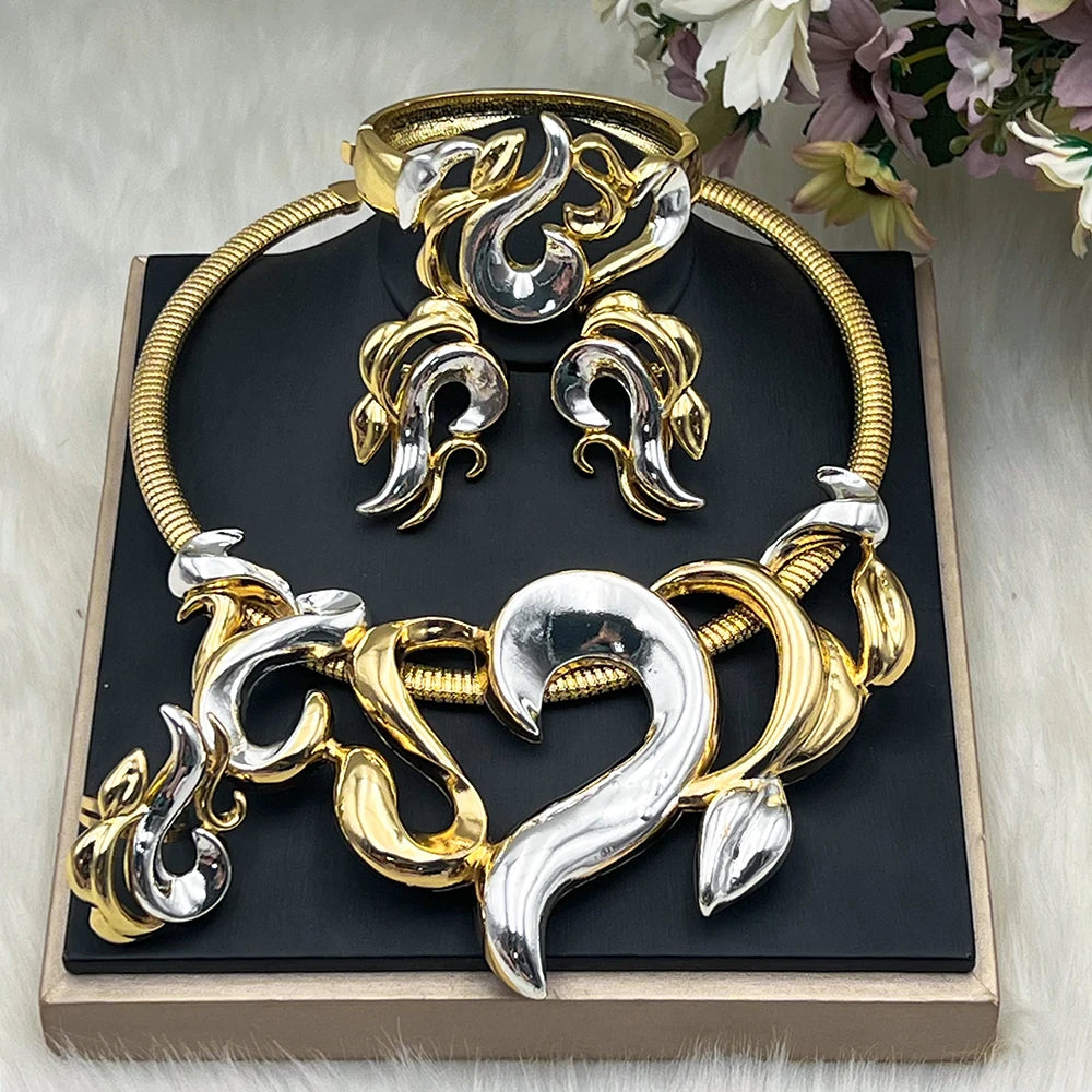 Luxury Jewelry Sets For Women Gold Color Earrings Choker Necklace Flame Bangle Ring
