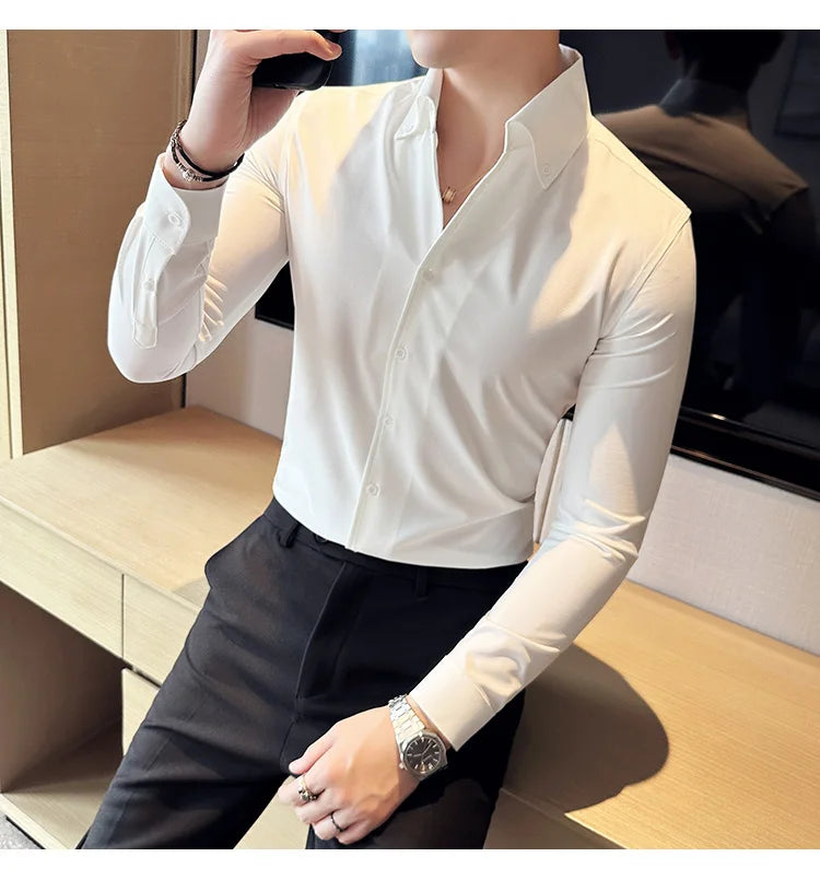 Men Dress Shirt 2025 Autumn British Style Solid Casual Slim Fit