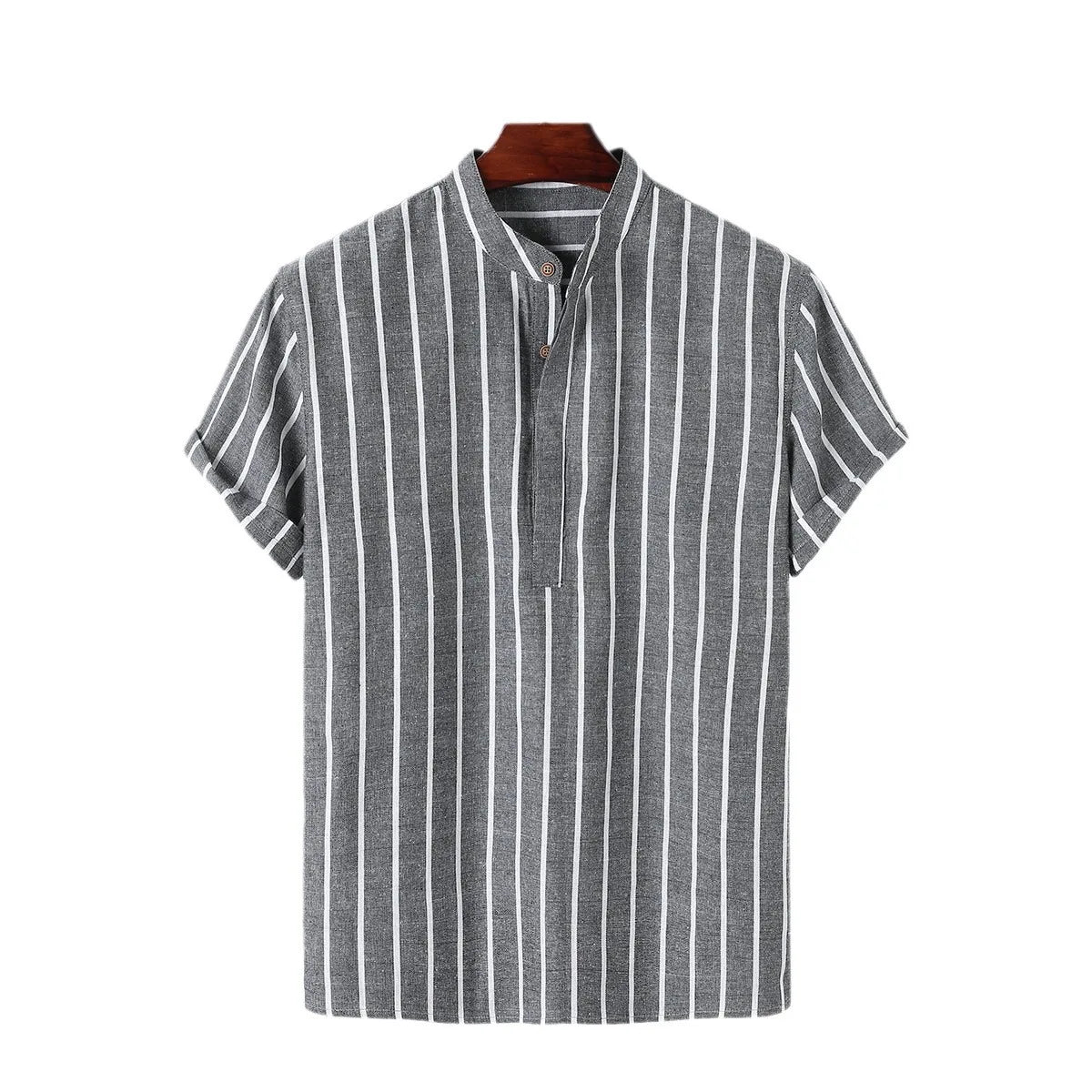 Men Fashion Striped Shirt Short Sleeve Casual Linen Shirts