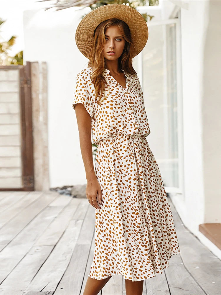 Vintage Floral Print Dress Boho Short Sleeve Long Dress Turn Down