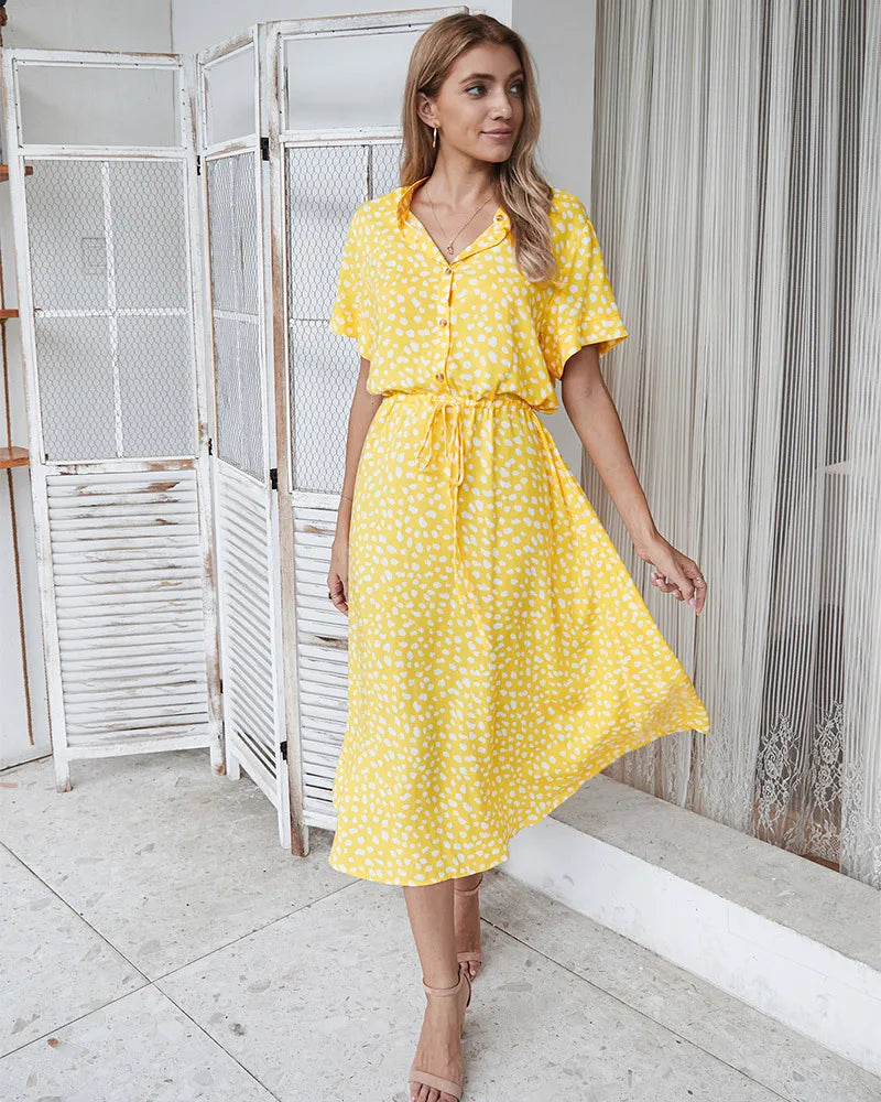 Vintage Floral Print Dress Boho Short Sleeve Long Dress Turn Down