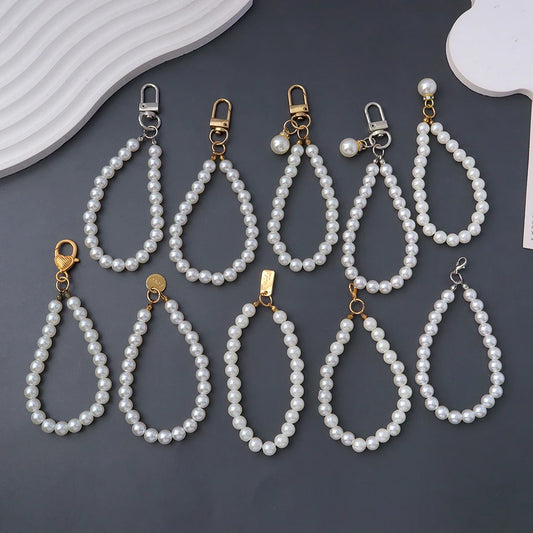 Classic Imitation Pearl Chain With Keyring Women Girls Anti-Loss Beaded