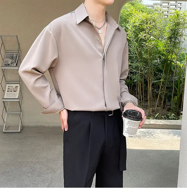 Men's Clothing Gray Chiffon Shirt Spring Fall Korean Style Loose Fit