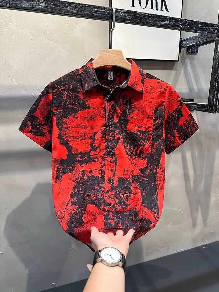Vintage Print Button Up Shirt Casual Streetwear Y2K Short Sleeve