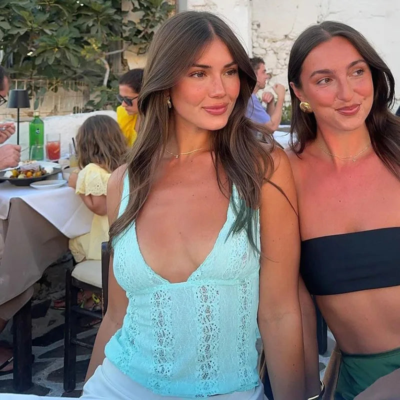 Sexy Deep V-neck See-through Sleeveless Blue T Shirt