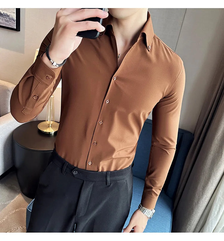 Men Dress Shirt 2025 Autumn British Style Solid Casual Slim Fit