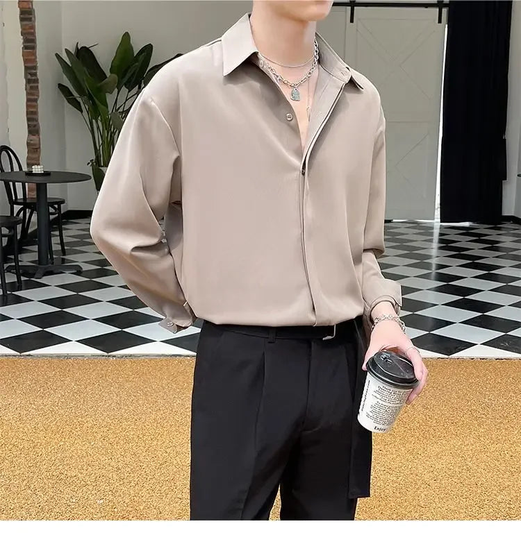 Men's Clothing Gray Chiffon Shirt Spring Fall Korean Style Loose Fit