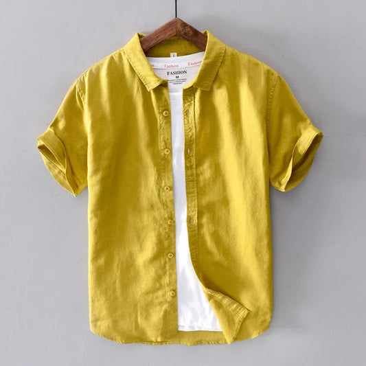 Cotton Linen Short Sleeve Shirts For Men Casual Fashion Yellow Turn Down