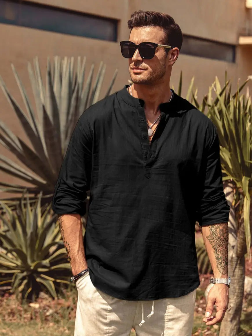 Men's Casual Blouse Cotton Linen Shirt Loose Tops Long Sleeve