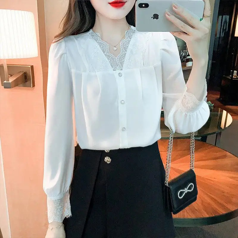 White Chiffon Blouse Spring New V-Neck Lace