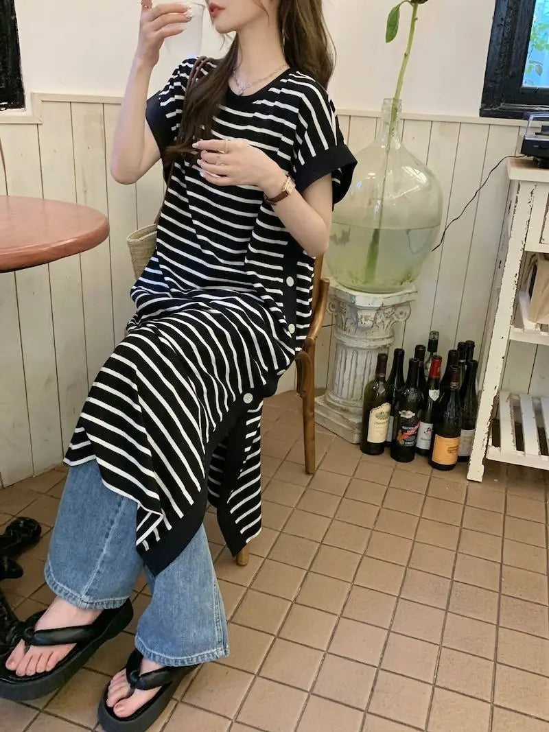 Casual Button Split Striped Dresses Short Sleeve Summer