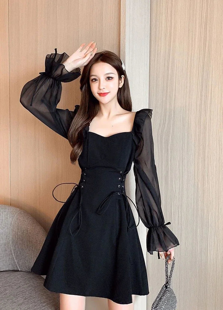 Silk Satin Chiffon Dress Sexy Black