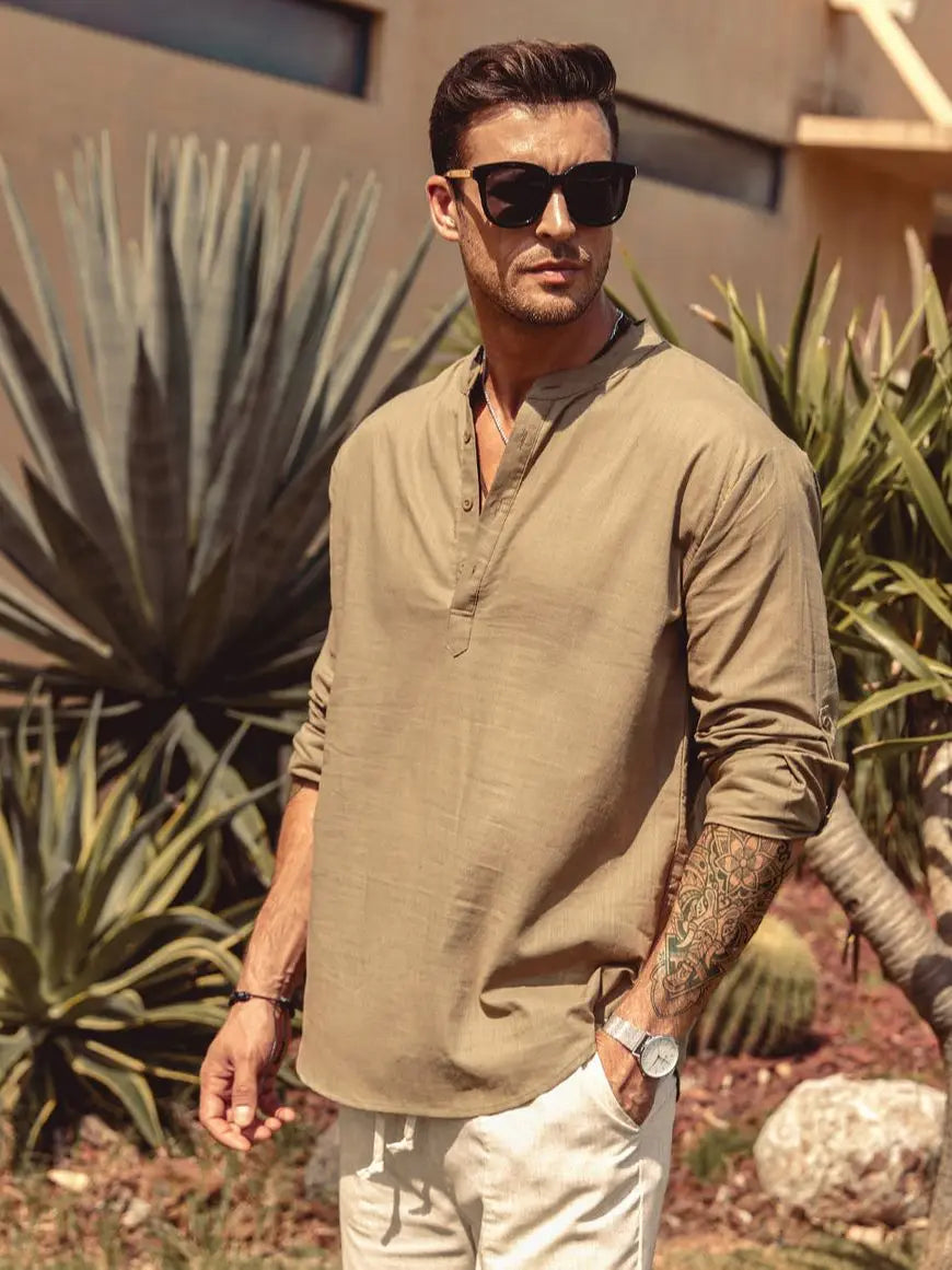 Men's Casual Blouse Cotton Linen Shirt Loose Tops Long Sleeve