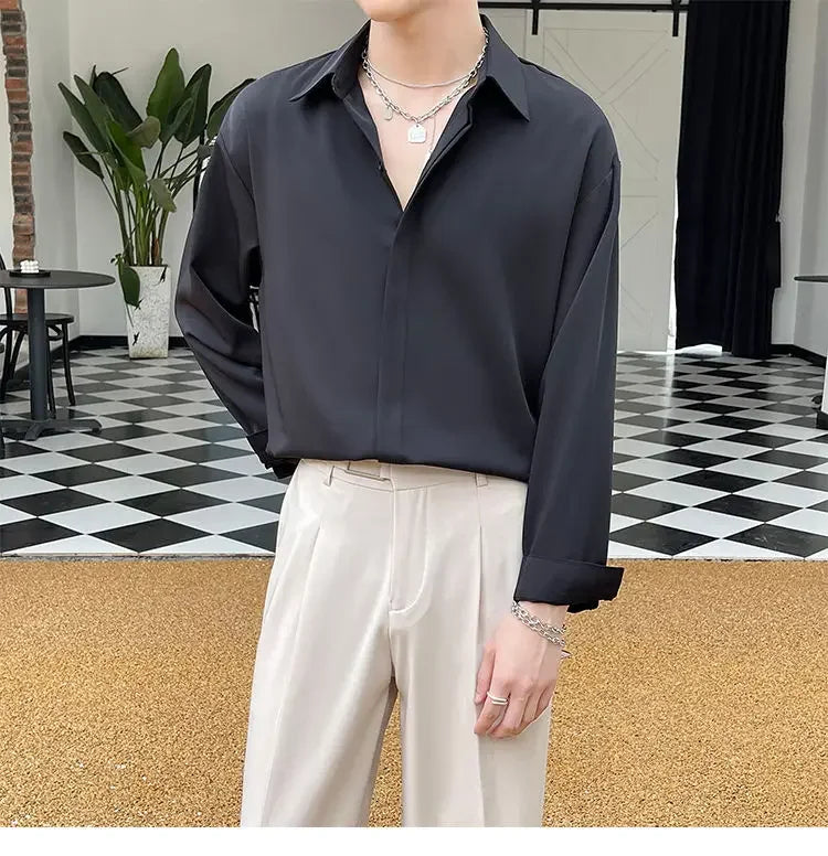 Men's Clothing Gray Chiffon Shirt Spring Fall Korean Style Loose Fit