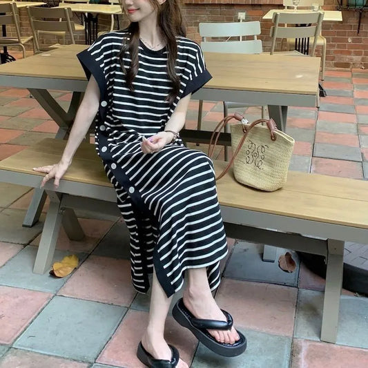 Casual Button Split Striped Dresses Short Sleeve Summer