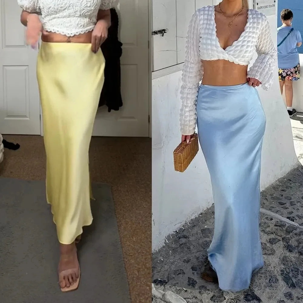 Vintage Satin Solid Long Skirt