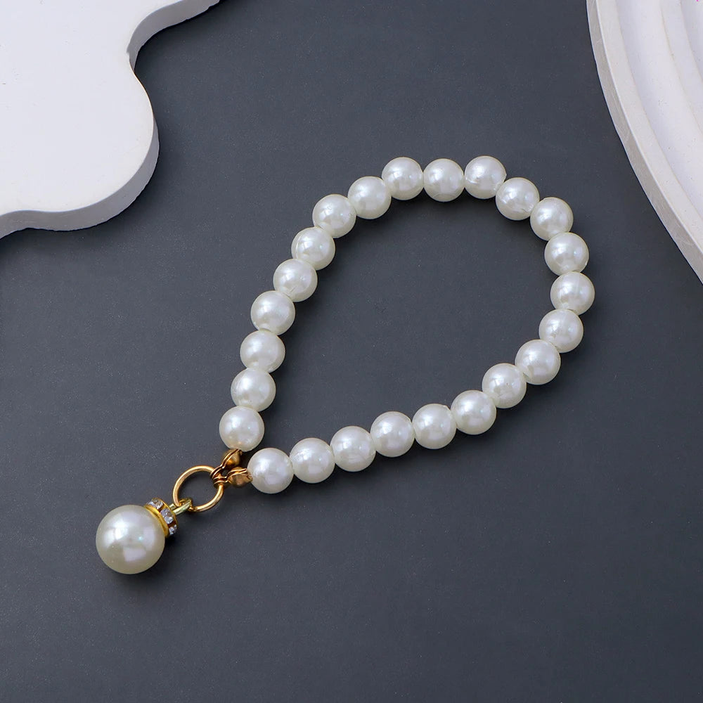 Classic Imitation Pearl Chain With Keyring Women Girls Anti-Loss Beaded