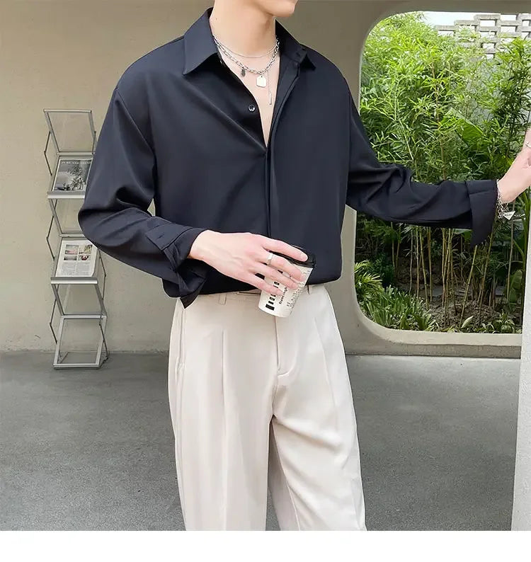 Men's Clothing Gray Chiffon Shirt Spring Fall Korean Style Loose Fit